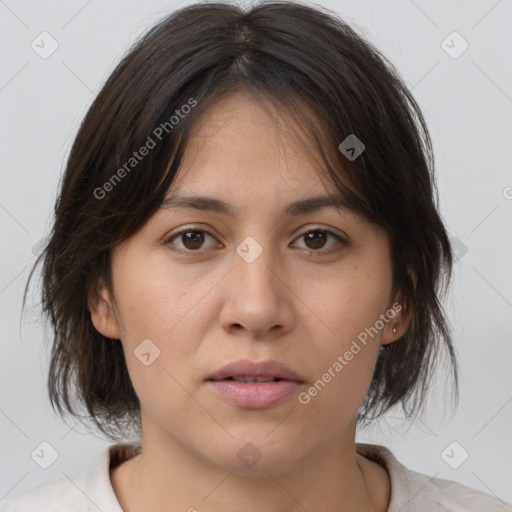 Neutral white young-adult female with medium  brown hair and brown eyes