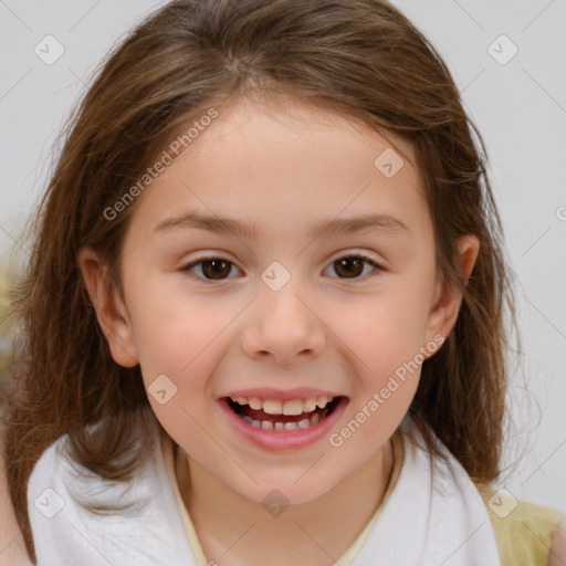 Joyful white child female with medium  brown hair and brown eyes