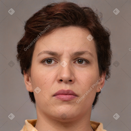 Neutral white young-adult female with medium  brown hair and brown eyes