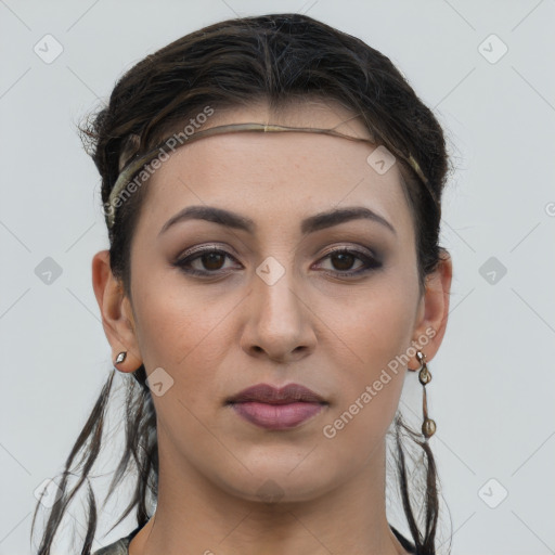 Joyful white young-adult female with long  brown hair and brown eyes