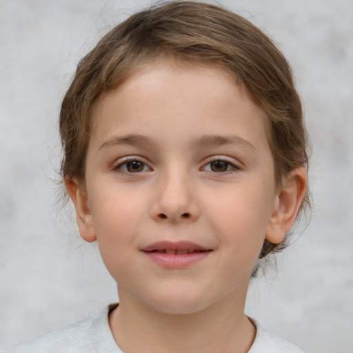 Joyful white child female with medium  brown hair and brown eyes