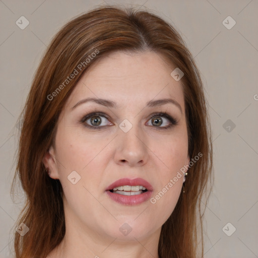 Joyful white young-adult female with medium  brown hair and blue eyes