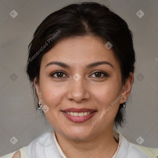 Joyful white adult female with medium  brown hair and brown eyes