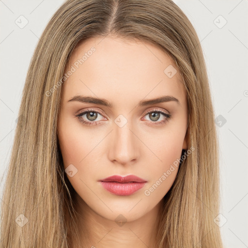 Neutral white young-adult female with long  brown hair and brown eyes