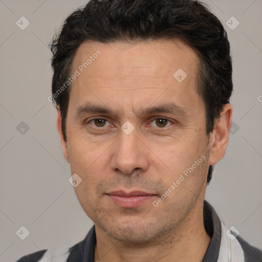 Neutral white adult male with short  black hair and brown eyes