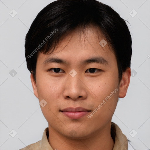 Neutral asian young-adult male with short  brown hair and brown eyes