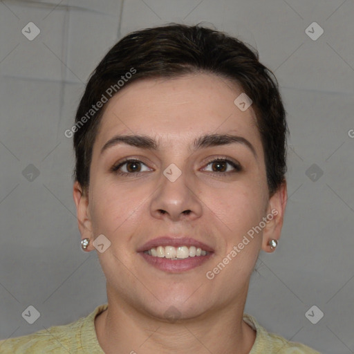 Joyful white young-adult female with short  brown hair and brown eyes