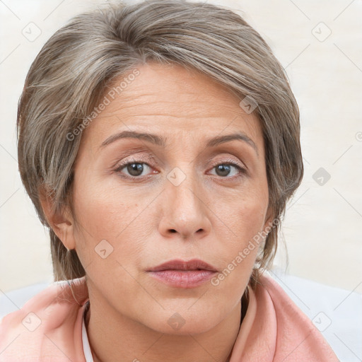 Joyful white adult female with medium  brown hair and grey eyes