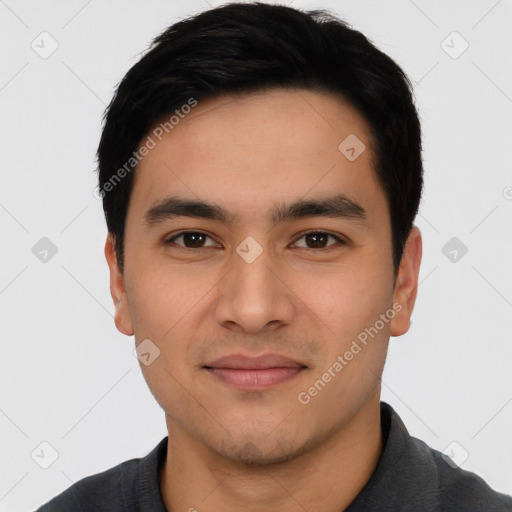 Joyful asian young-adult male with short  black hair and brown eyes