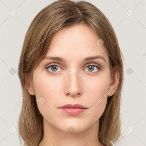 Neutral white young-adult female with medium  brown hair and green eyes