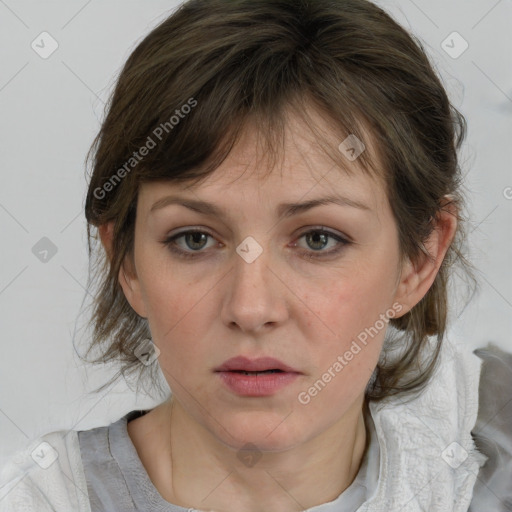 Neutral white young-adult female with medium  brown hair and grey eyes