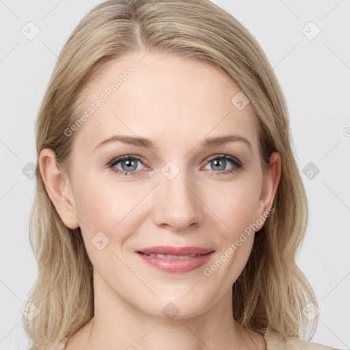 Joyful white young-adult female with long  brown hair and blue eyes