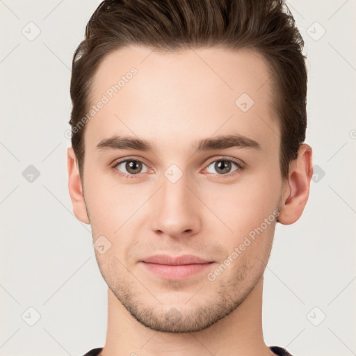 Neutral white young-adult male with short  brown hair and brown eyes