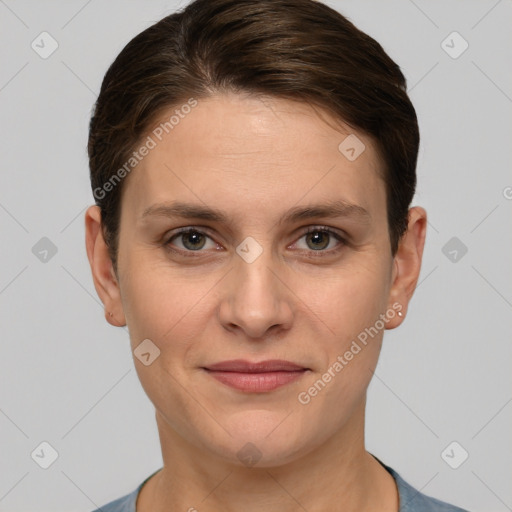 Joyful white young-adult female with short  brown hair and brown eyes