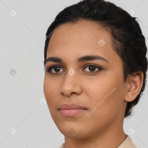 Neutral latino young-adult female with short  black hair and brown eyes