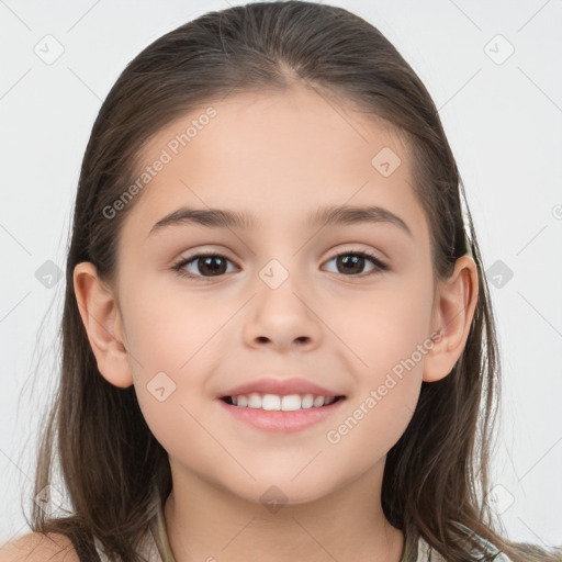 Joyful white child female with long  brown hair and brown eyes