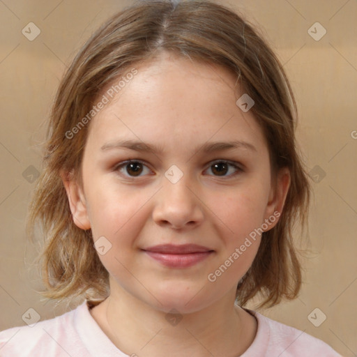 Joyful white child female with medium  brown hair and brown eyes