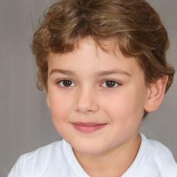 Joyful white child female with short  brown hair and brown eyes