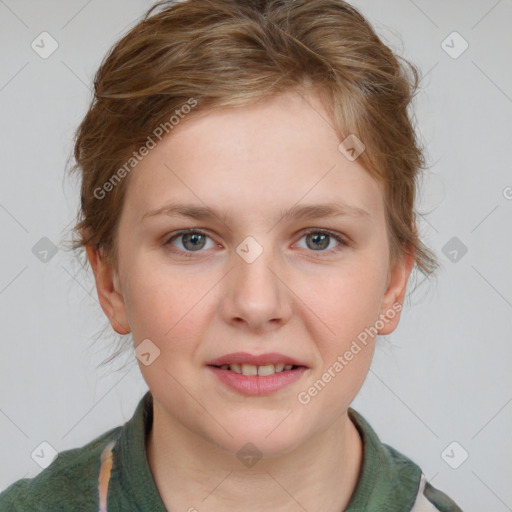 Joyful white young-adult female with medium  brown hair and blue eyes