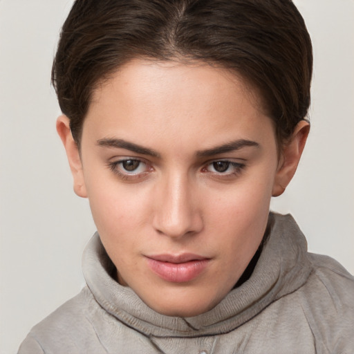 Neutral white young-adult female with short  brown hair and brown eyes