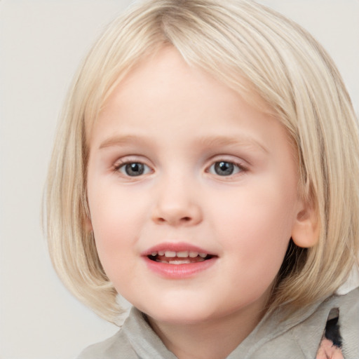 Joyful white child female with medium  brown hair and blue eyes