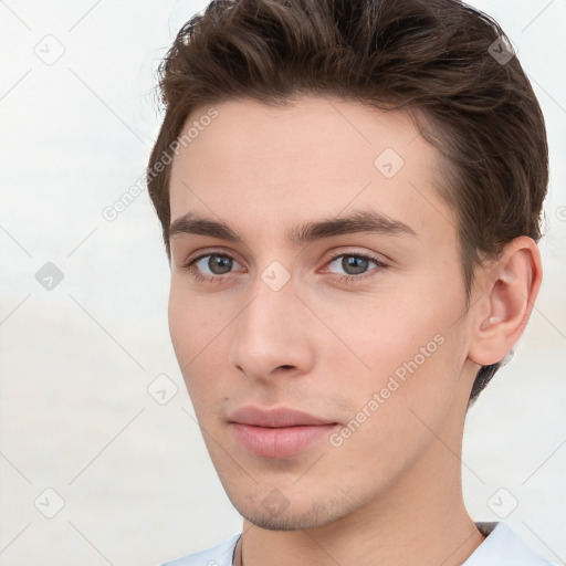 Neutral white young-adult male with short  brown hair and brown eyes