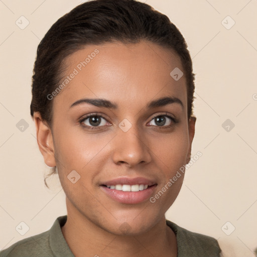 Joyful white young-adult female with short  brown hair and brown eyes