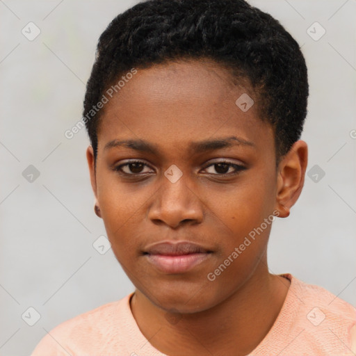 Neutral black young-adult female with short  black hair and brown eyes