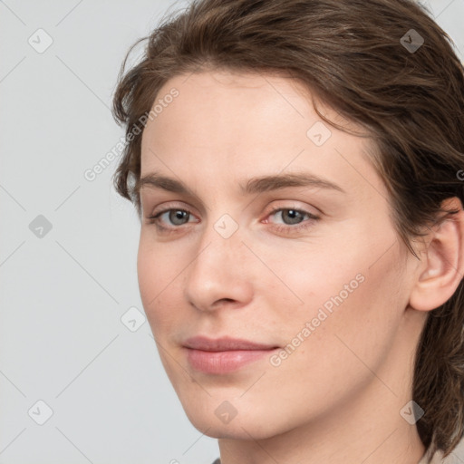 Neutral white young-adult female with medium  brown hair and grey eyes