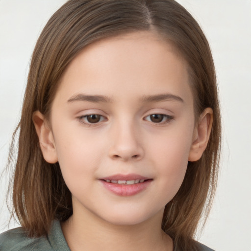 Joyful white child female with long  brown hair and brown eyes