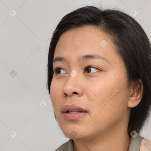 Neutral white young-adult female with medium  brown hair and brown eyes