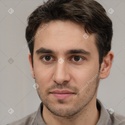 Neutral white young-adult male with short  brown hair and brown eyes