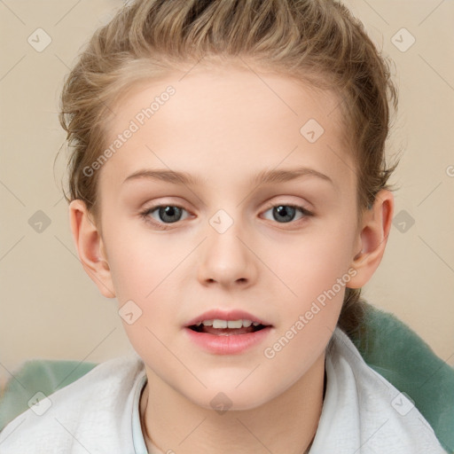 Neutral white child female with short  brown hair and blue eyes