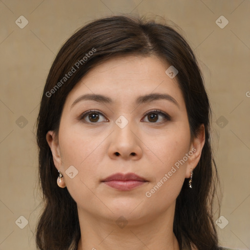 Neutral white young-adult female with medium  brown hair and brown eyes