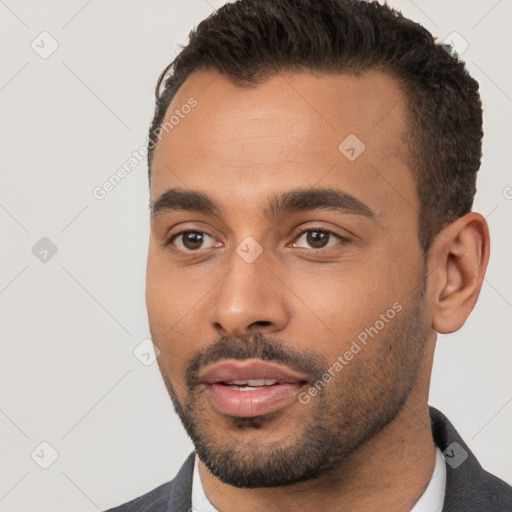 Neutral white young-adult male with short  brown hair and brown eyes