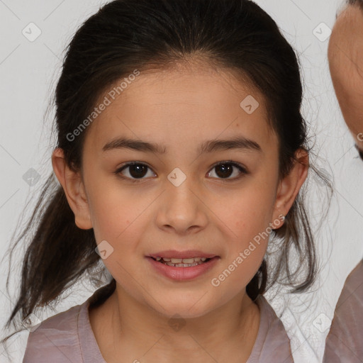 Joyful white child female with medium  brown hair and brown eyes