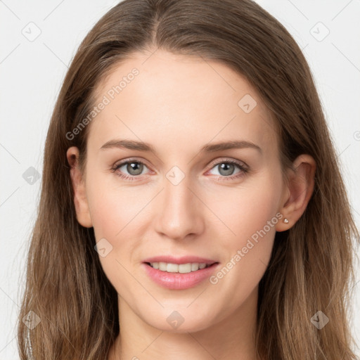 Joyful white young-adult female with long  brown hair and grey eyes