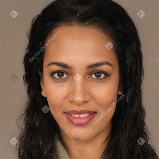 Joyful latino young-adult female with long  brown hair and brown eyes