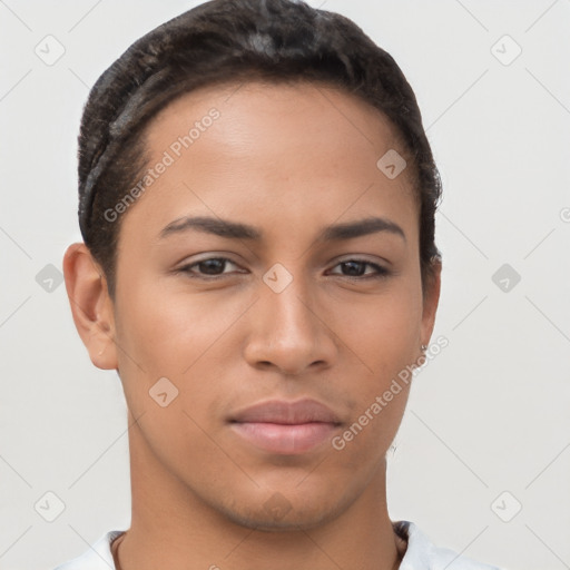 Joyful latino young-adult female with short  brown hair and brown eyes