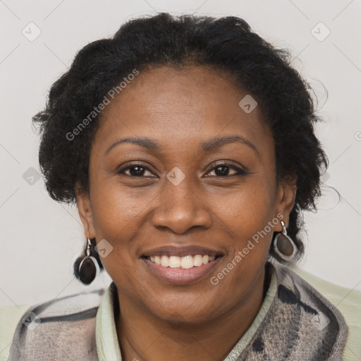 Joyful black adult female with short  brown hair and brown eyes