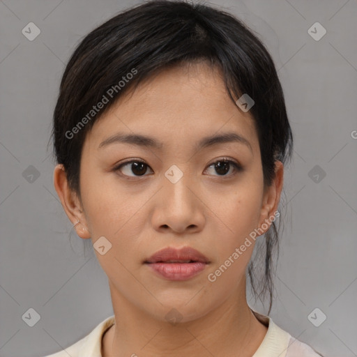 Neutral asian young-adult female with medium  brown hair and brown eyes