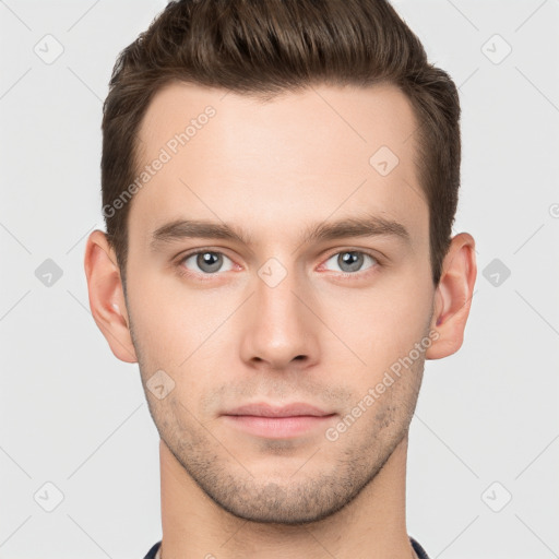 Neutral white young-adult male with short  brown hair and brown eyes