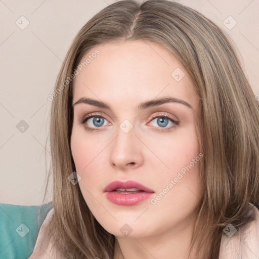 Neutral white young-adult female with long  brown hair and grey eyes