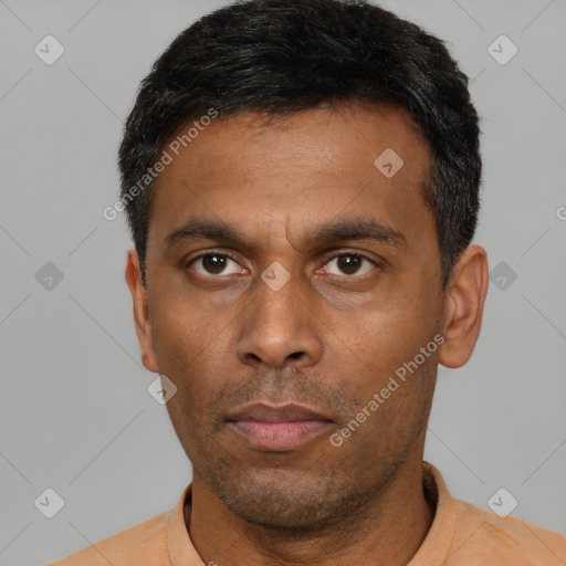 Neutral latino adult male with short  black hair and brown eyes