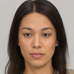 Neutral asian young-adult female with long  brown hair and brown eyes