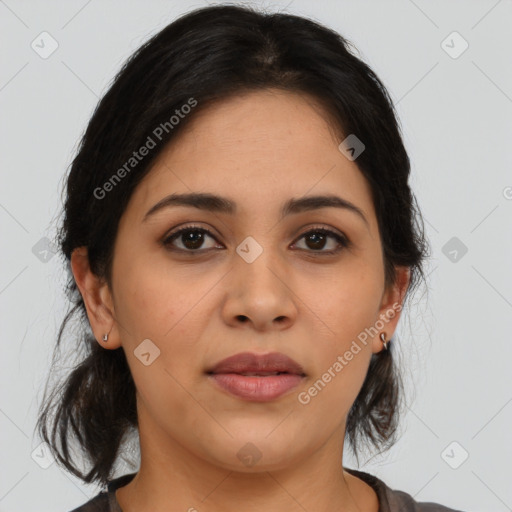 Joyful latino young-adult female with medium  brown hair and brown eyes