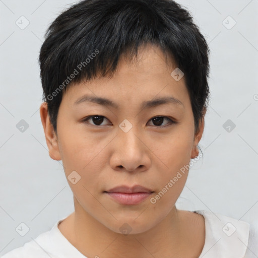 Neutral asian young-adult female with short  brown hair and brown eyes