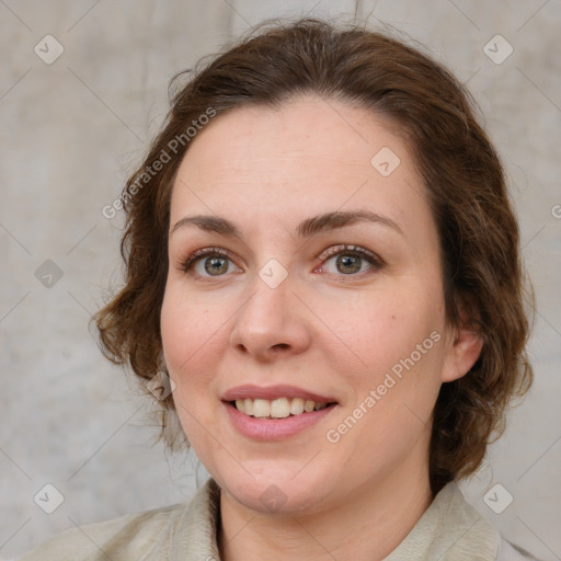 Joyful white young-adult female with medium  brown hair and green eyes