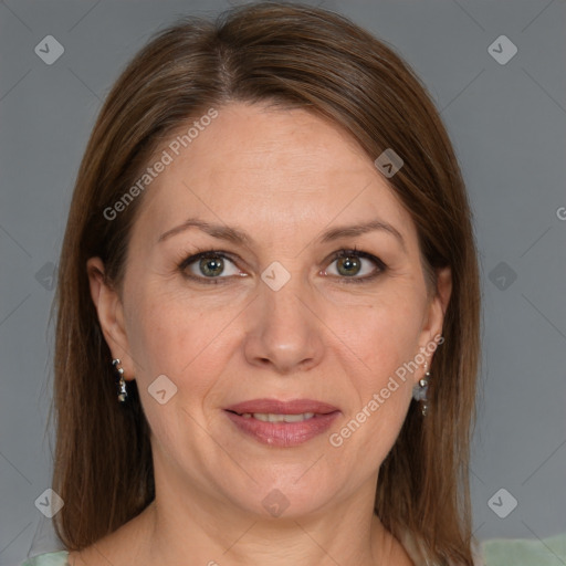 Joyful white adult female with medium  brown hair and grey eyes