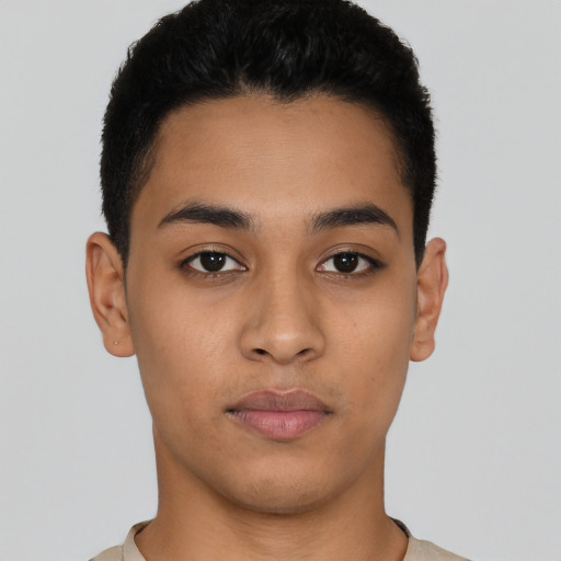 Neutral latino young-adult male with short  black hair and brown eyes